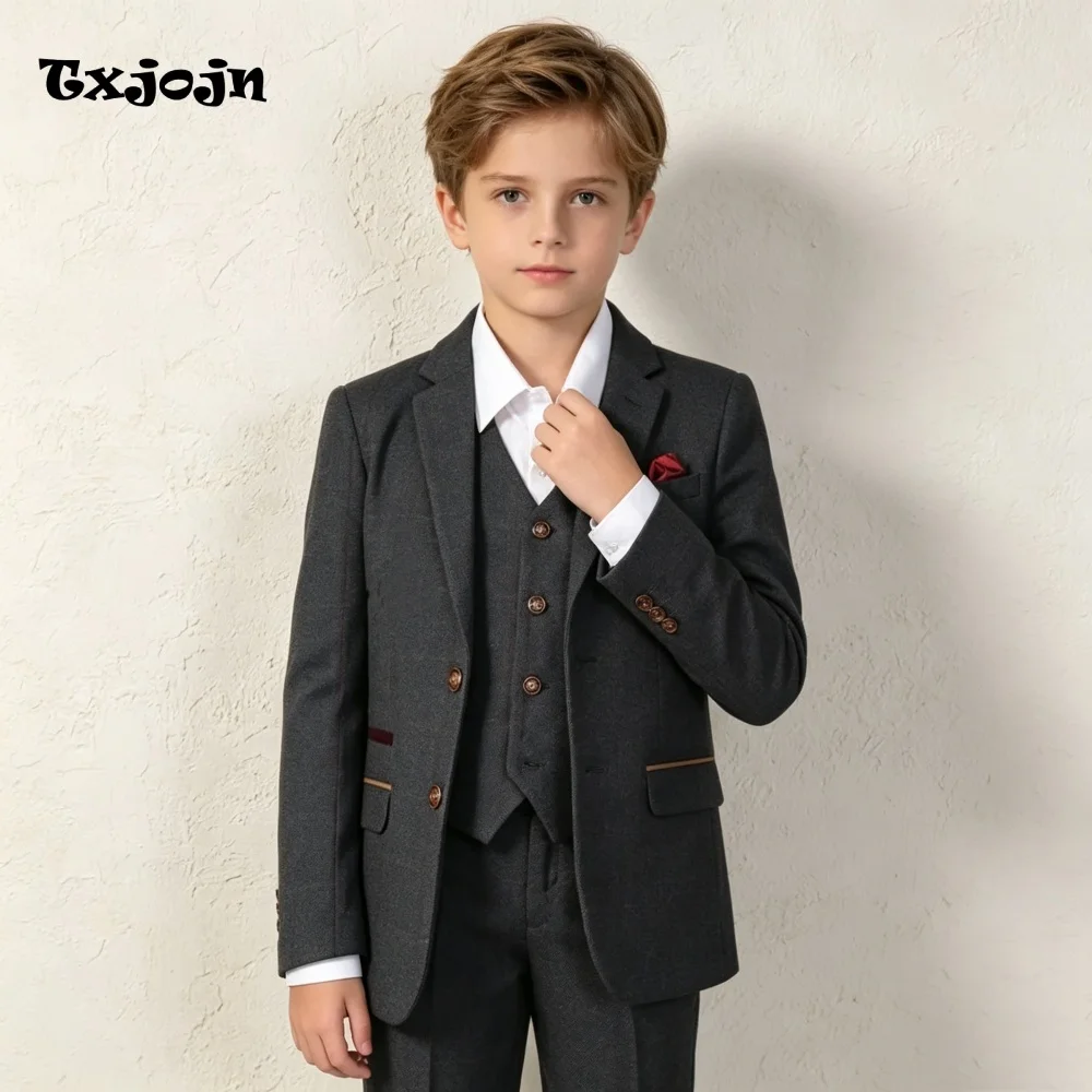 Casual Dark Grey Boys Suit Jacket Pants Vest 3 Piece Set Formal Blazer for Kids Wedding Tuxedo Suits 2-16 Years Custom Clothes