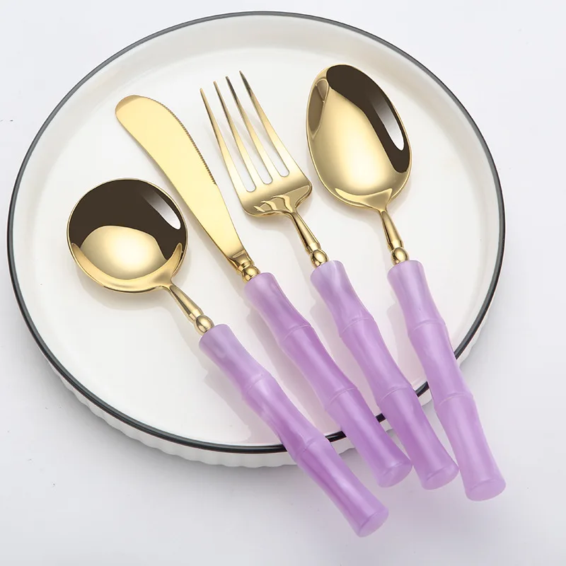 Set Peralatan Makan Baja Tahan Karat Ungu Emas Peralatan Makan Cantik Akrilik Sendok Hadiah Liburan Mewah Garpu Pisau Aksesori Dapur