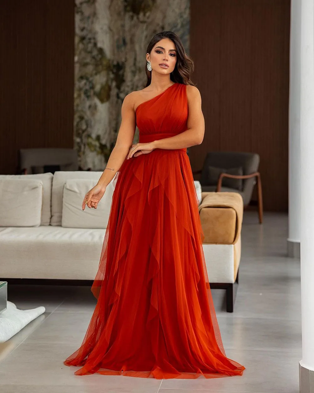 SoDigne Orange Formal Evening Dresses One Shoulder Ruched Tiered Prom Gown Dubai Long Women Special Occasion Dress