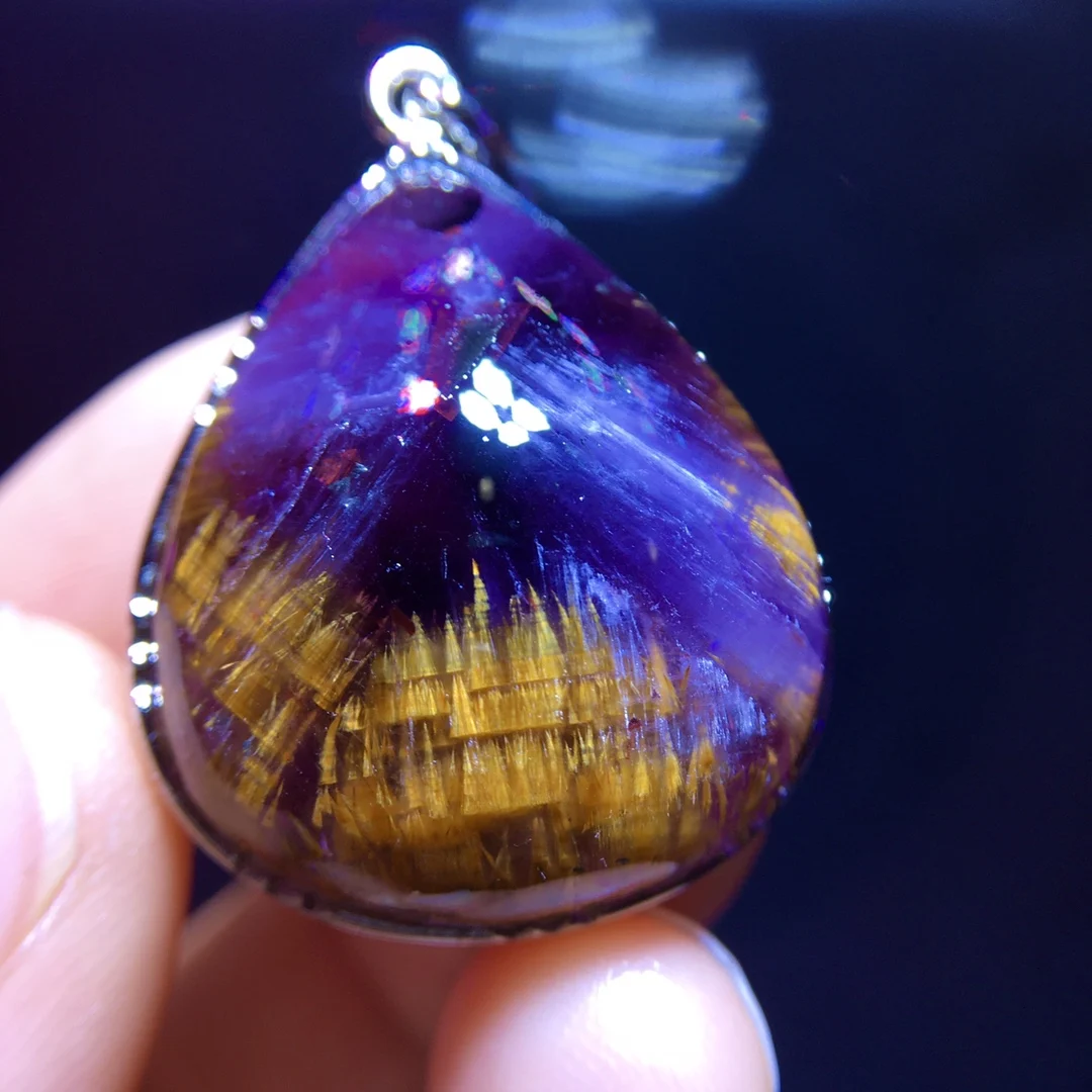 

Genuine Natural Purple Cacoxenite Auralite 23 Rectangle Pendant Gold Rutilated 27.1/22.8/10.1mm Beads Jewelry AAAAA