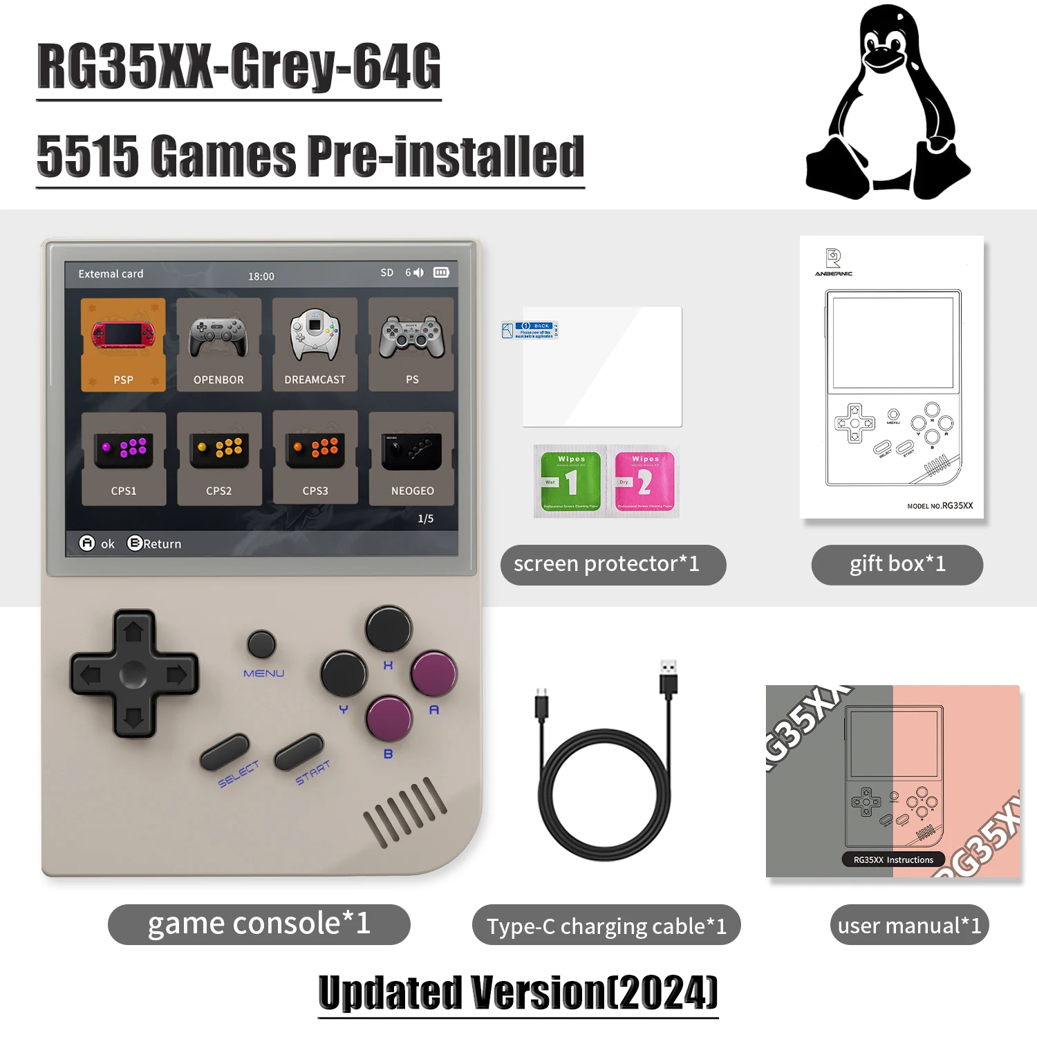 ANBERNIC RG35XX 2024 Retro draagbare gameconsole Linux-systeem HD TV-uitgang 3,5 inch IPS-scherm 64G TF-kaart 5000+ games 2600mA