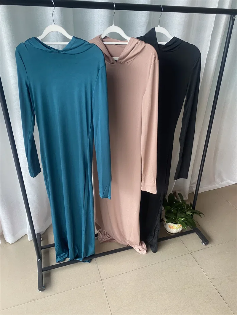 Women Spring and Summer Solid Slim-fit Base Dress Bodycon Dress Individuality Casual Hoodie Long Dress Long Sleeve Chic Clothing