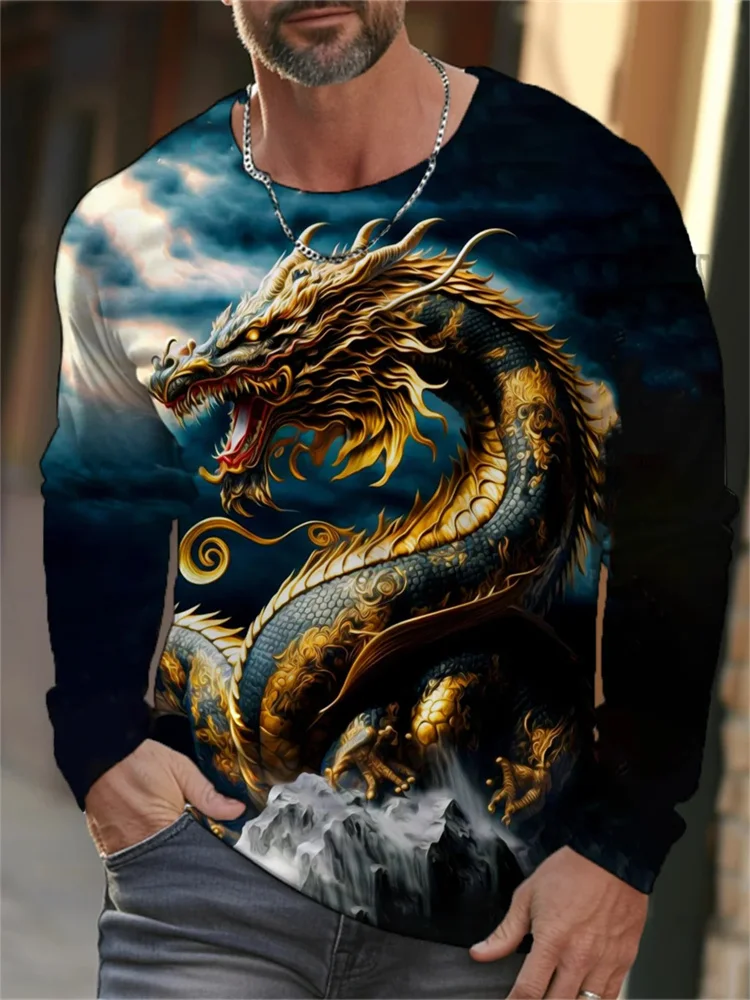 3D Dragon Digital Print Men's T-Shirt Harajuku Streetwear O-Neck Graphic T-Shirts Tops Fashion Sports Long Sleeve T-Shirt Men