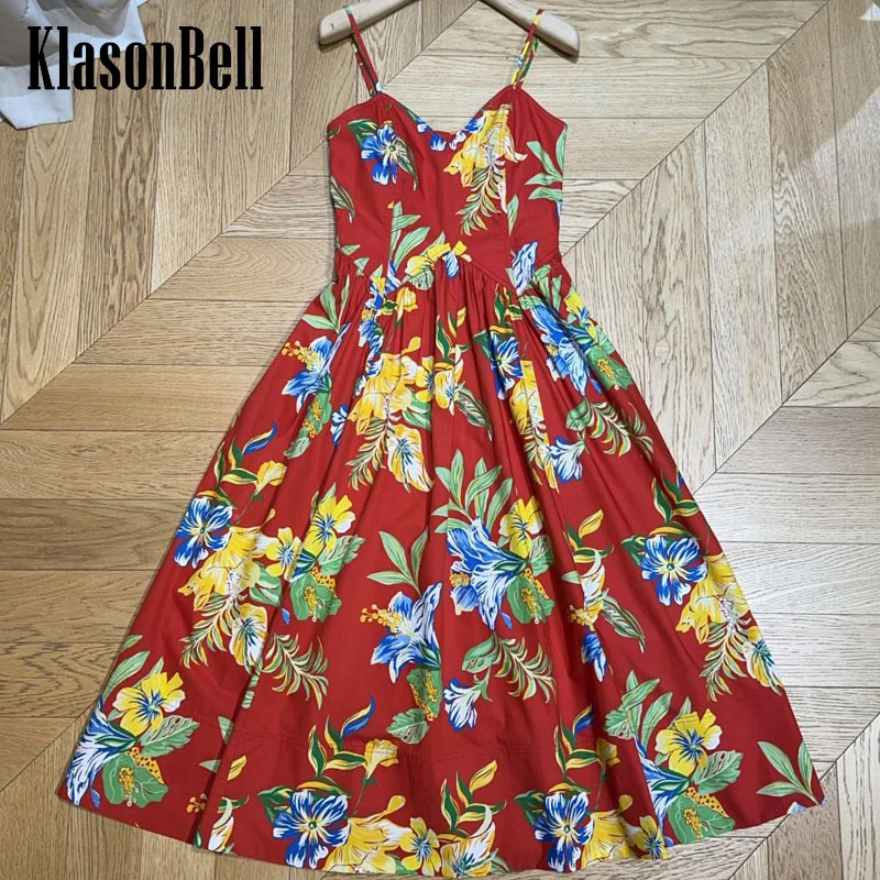 12.31 KlasonBell Fashion Holiday Beach Cotton Print Spaghetti Strap Dress Sexy V-Neck Backless Collect Waist Midi Dress Women