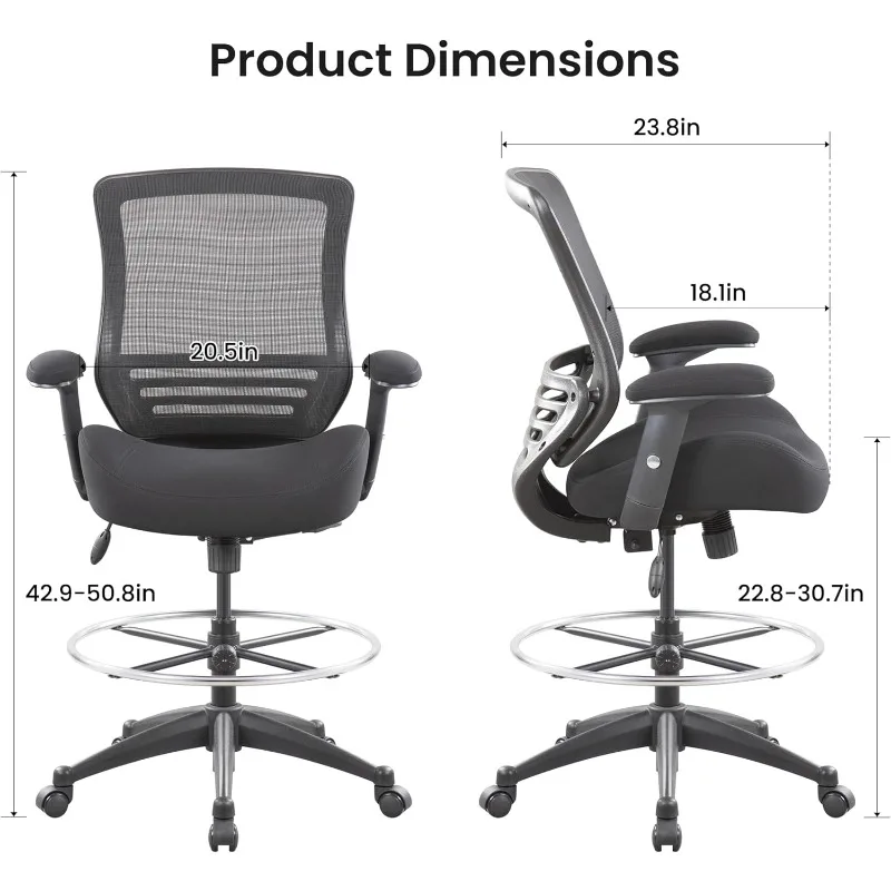 Ergonomic Mesh Computer Office Drafting Chair with Super Soft Adjustable Arms Seat Cushion and Lumbar Support-Black