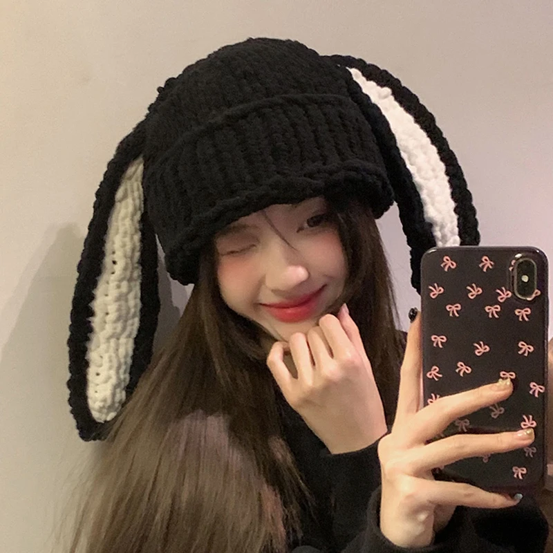 

Knit Beanie Hats Cute Bunny Long Ears Funny Hat Fluffy Winter Cap Warm Knit Rabbit Crochet Skull Cap Slouchy Hat