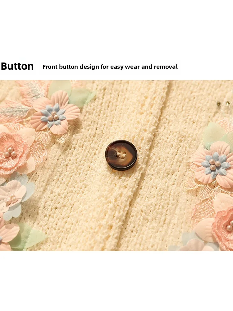 

Ele Summer 2025 Knitted Open Cardigan Vest Embroidered Hollow Design Svel Top Outerwear V-Ne Polyester Fiber