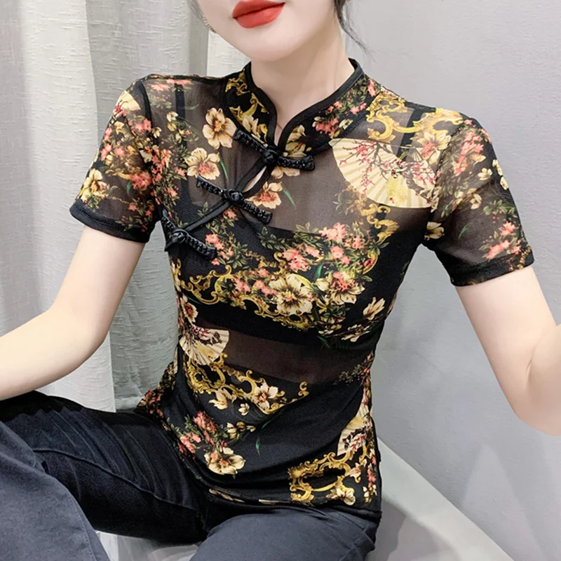 #5771 Black Vintage T Shirt Women Stand Collar Buttons Sexy Floral Printed Mesh T Shirt Short Sleeve Thin Perspective Tee Summer