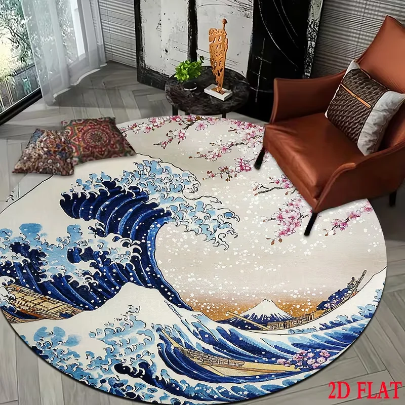 Home Decor Retailers - Karpet Bulat Motif Gelombang Jepang Bunga