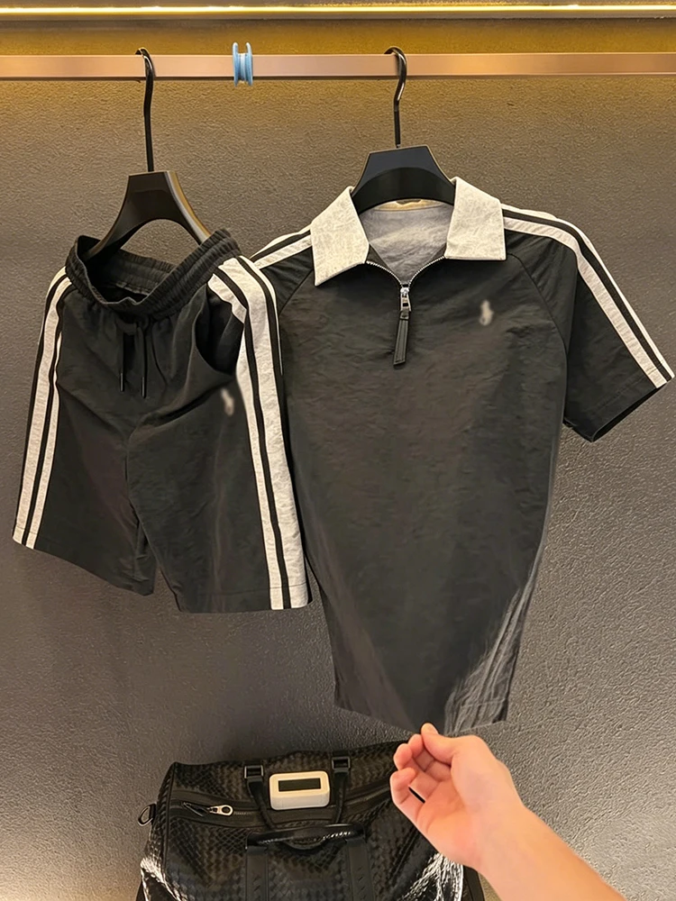 

Fashionable Summer Sportswear Set for Men with Patchwork Stripes Lightweight Luxury Short Sleeve Shorts Neck T-shirt