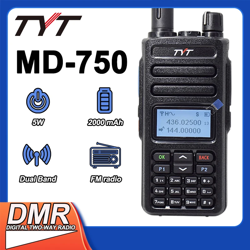 TYT MD-750 Walkie Talkie 5W Dual Band VHF UHF FM Dual Time Slot CTCSS/DCS DTMF Long Range Portable DMR Digital Two Way Ham Radio