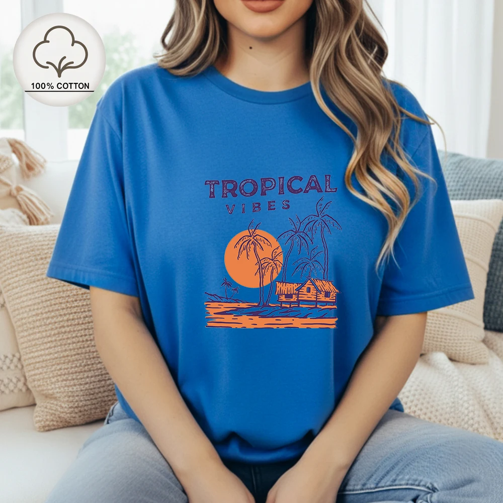 Camiseta Tropical Vibes Palm Tree Hut para mujer, camiseta retro de playa con estética playera, top de verano de manga corta
