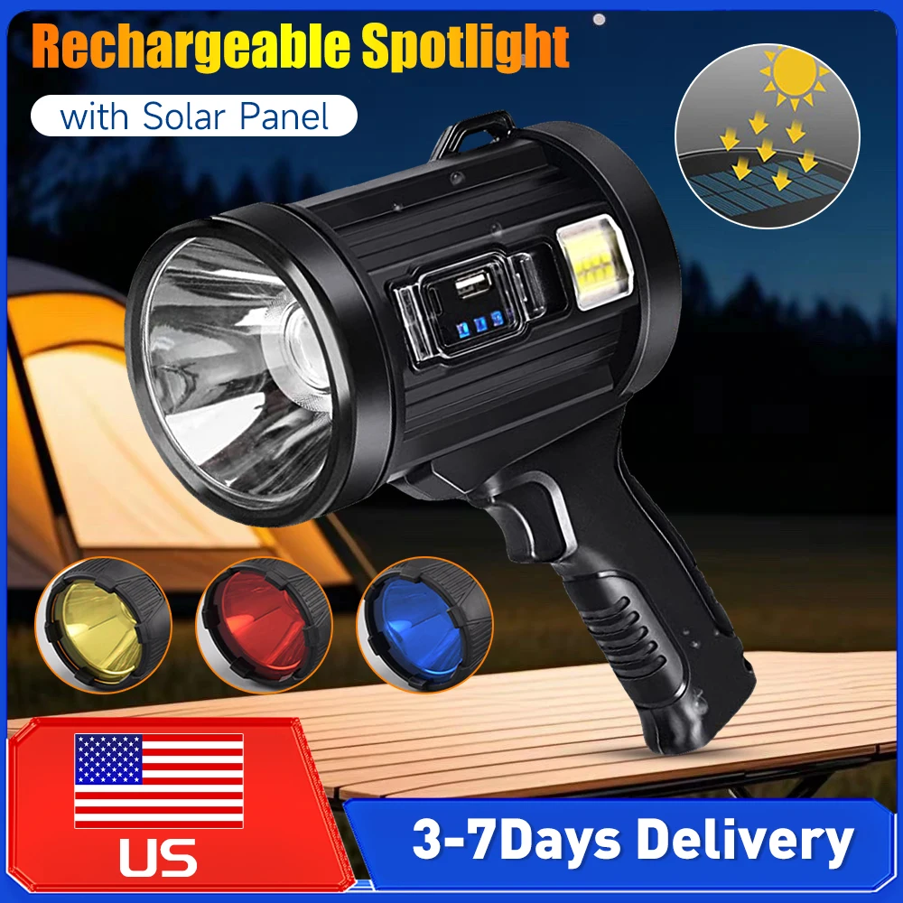 

Перезаряжаемый солнечный светодиодный прожектор, ультраяркий ручной фонарь, водонепроницаемый поисковый фонарь для охоты, кемпинга и активного отдыха
