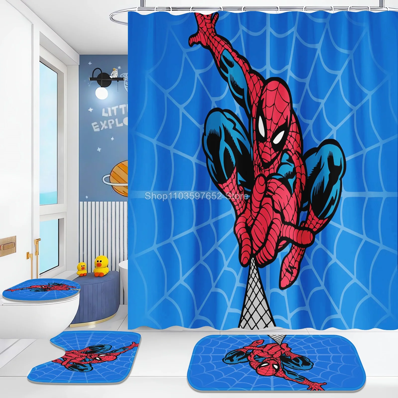 3D Printing Spiderman Shower Curtain Carpet Toilet Cover Cartoon Bath Mat Rug Pad Set Bathroom Decor Kids Gifts