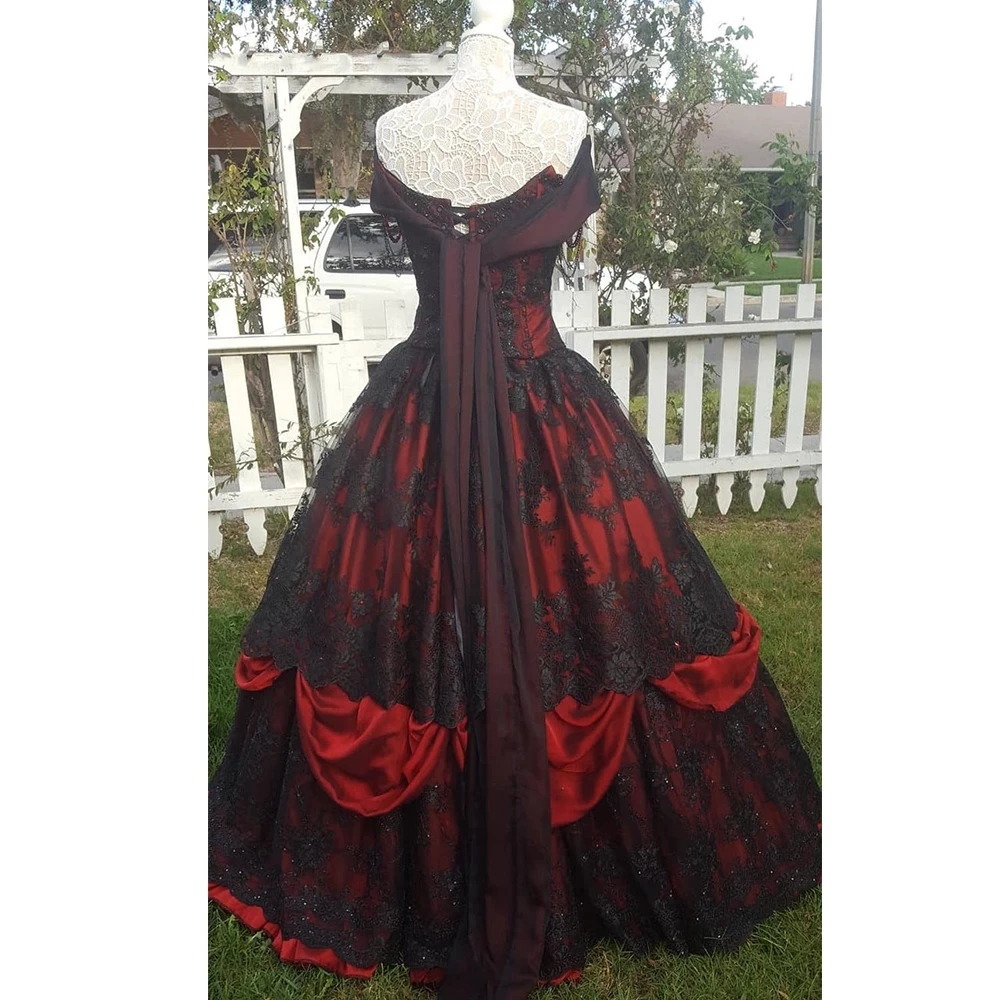 Gótico preto laço vermelho vestidos de noite borgonha formal belle casamento vestidos fora do ombro espartilho vintage plus size celebridade