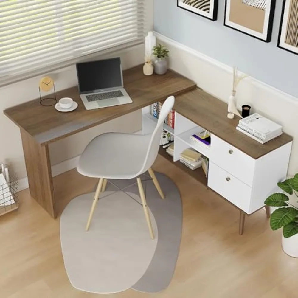 Computer Desk Modern L Shaped 59 Inch with 2 Drawers and 4 Storage Shelves Home Office Corner Study Table Unit- White/Brown