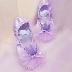 Sapato de Balé Infantil Profissional, Sapatos de Princesa, Sola Macia, Cetim, Coroa, Renda, Treino de Dança, Meninas