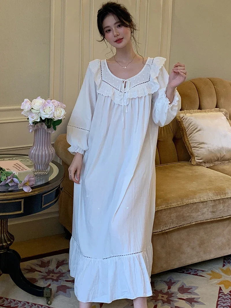 French Nightgown for Women Autumn Princess Cotton Sleepwear Long Sleeve Loose Home Clothes Victorian Nightdress Loungewear