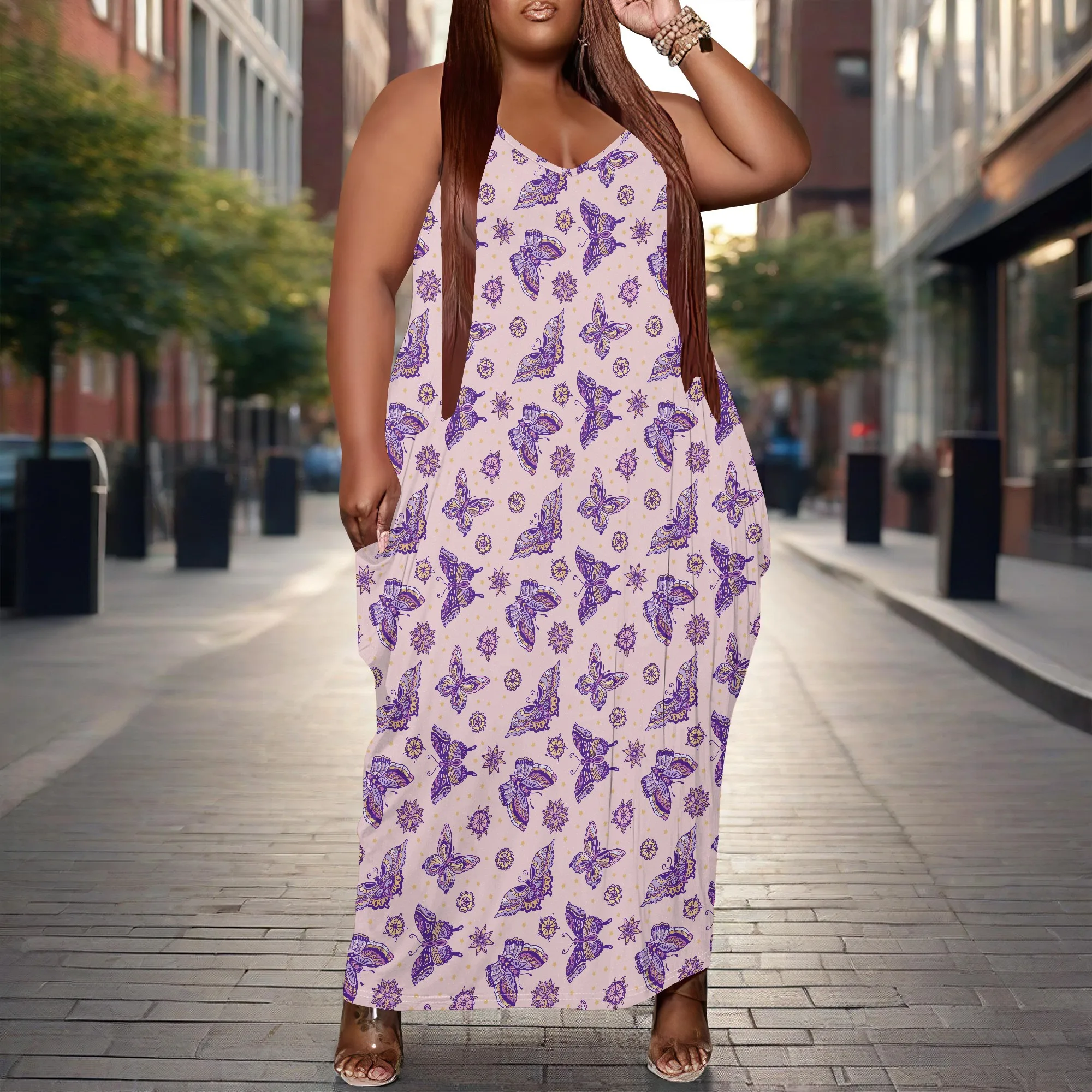 여성용 플러스 사이즈 드레스 포켓이 있는 루즈한 홀터 맥시 드레스 통기성 캐주얼 나비 프린트 XL-6XL