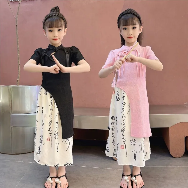 Summer Mother and Daughter Parent Child Dress Girls' Chinese Style Cheongsam Skirt Creative Short Sleeve Black Qipao Dress LF984