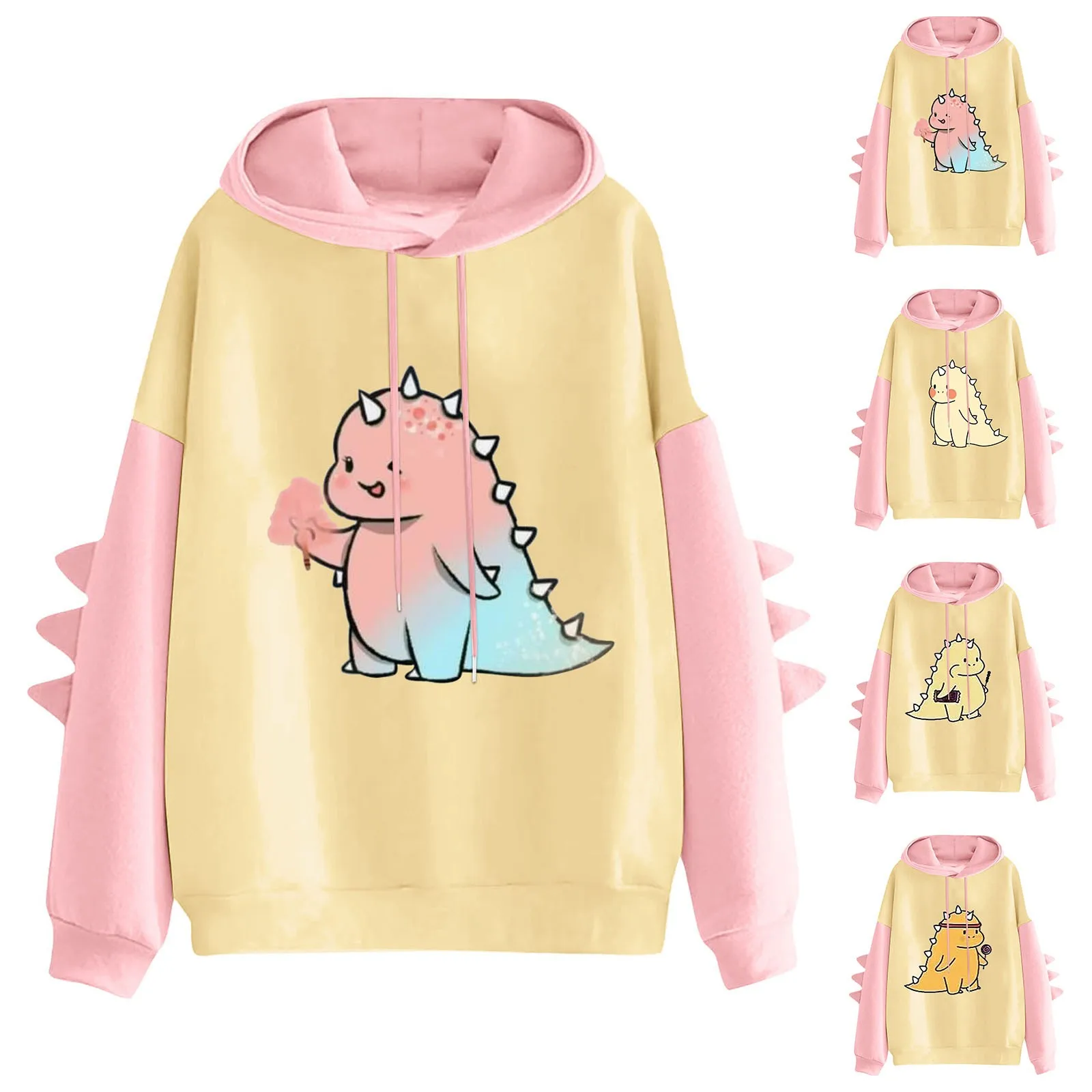 Little Dinosaur Print Hoodie para senhoras, irmã doce bonito, manga longa casual, jumper confortável quente, inverno