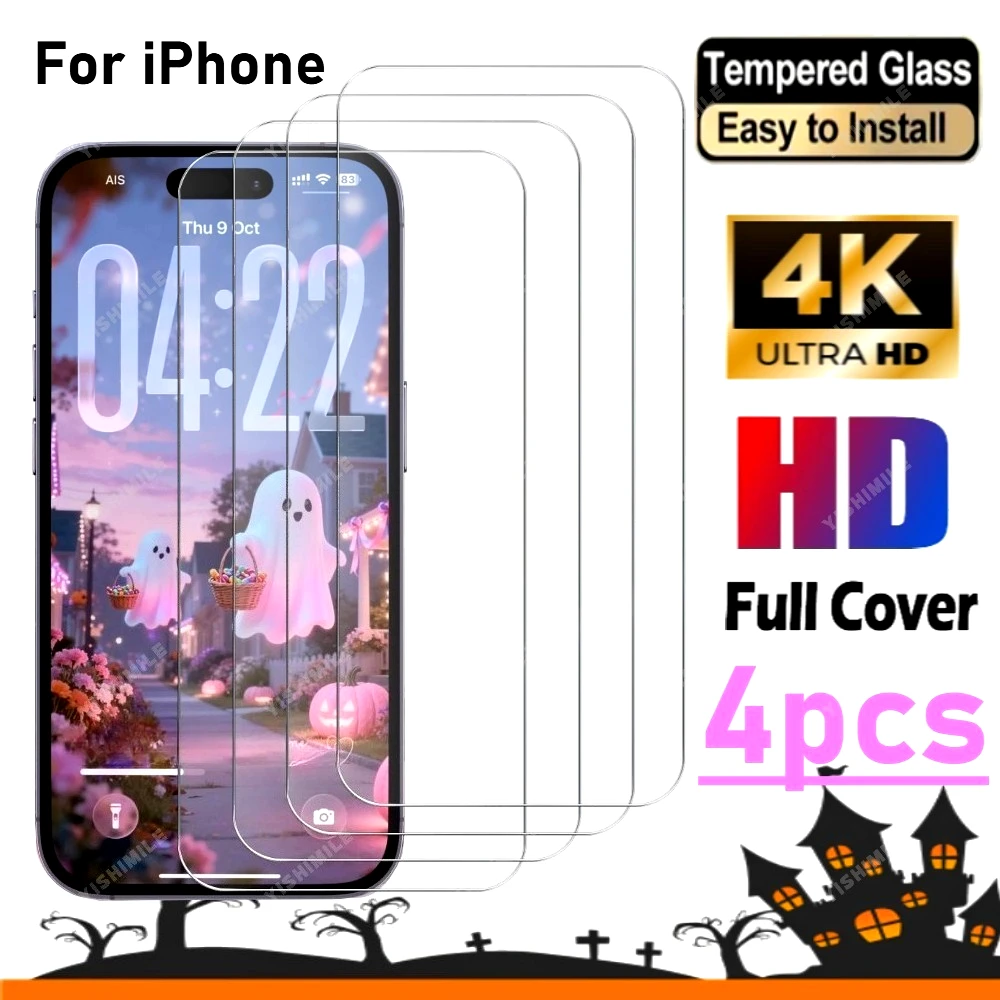 

4Pcs Ultra HD Full Screen Protector for iPhone 17 16 15 14 Pro Max Air 13 12 11 Pro Mini 16 15 Plus 9H Hardness Tempered Glass