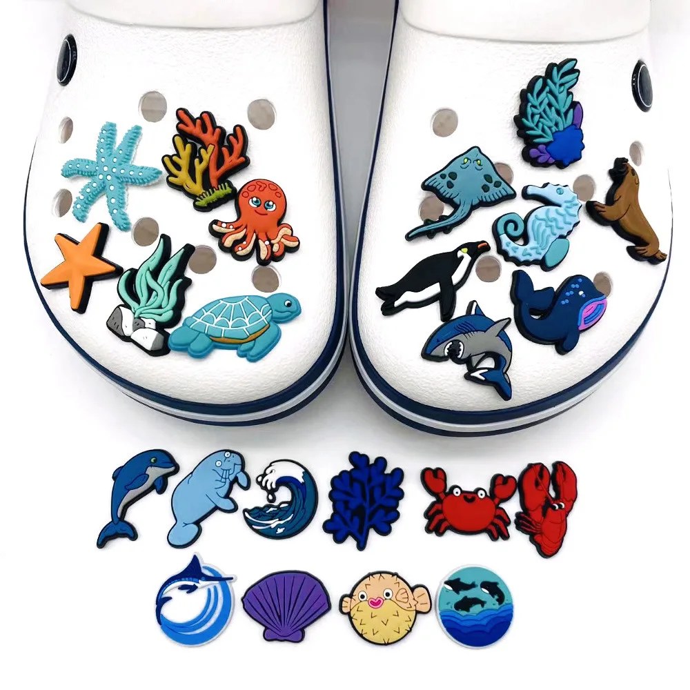 Shoe Charms Accessories for Crocs Sandals DIY Ocean Series Shark Turtle Decorative Buckle Shoe Flower Wholesale Anime Cartoon