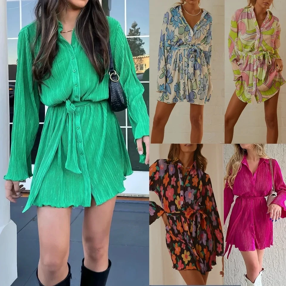 

Flower Print Dress Women's Long Sleeved Lace Up Lapel Single Breasted Mini Dress, Spring and Summer Fashion