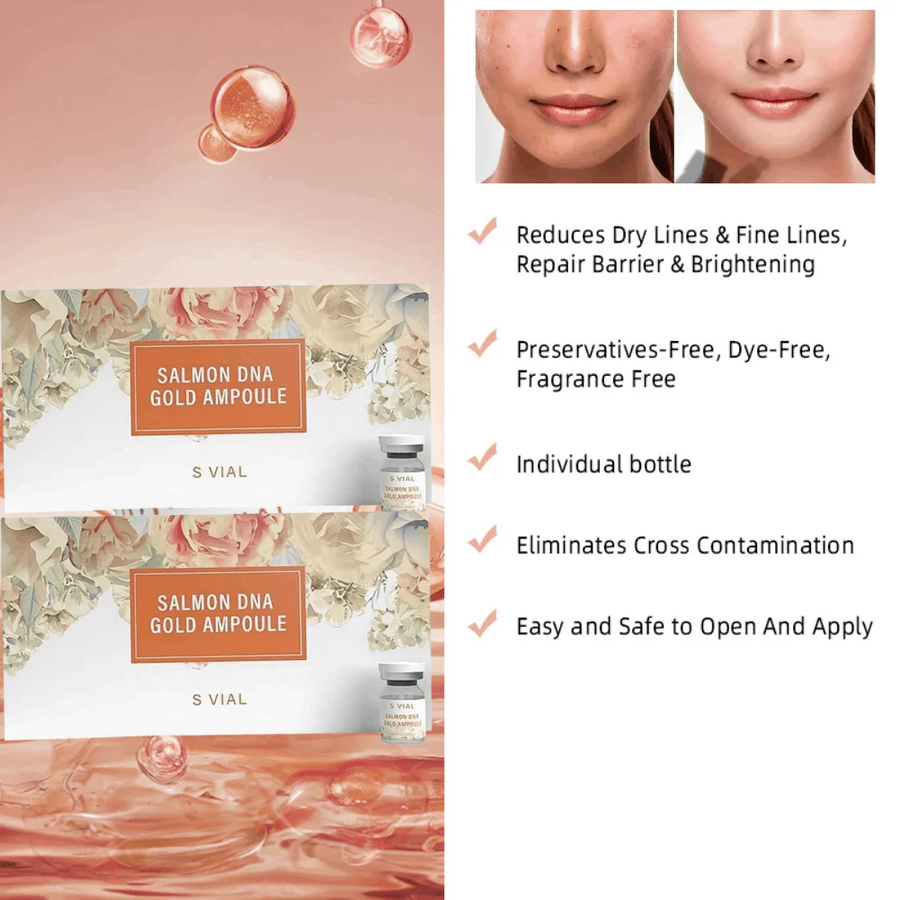 Conjunto de Sérum Facial de DNA de Salmão 5ml*10 Ampolas de Ouro para Hidratação, Clareamento e Rejuvenescimento da Pele