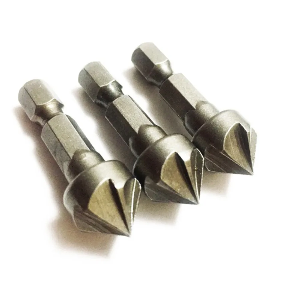 3PCS Hexagonal Shank 6 Flute Chamfering Tool Carbon Steel Sandblasting Chamfering Drill Bits Woodworking Hole Opener Countersink