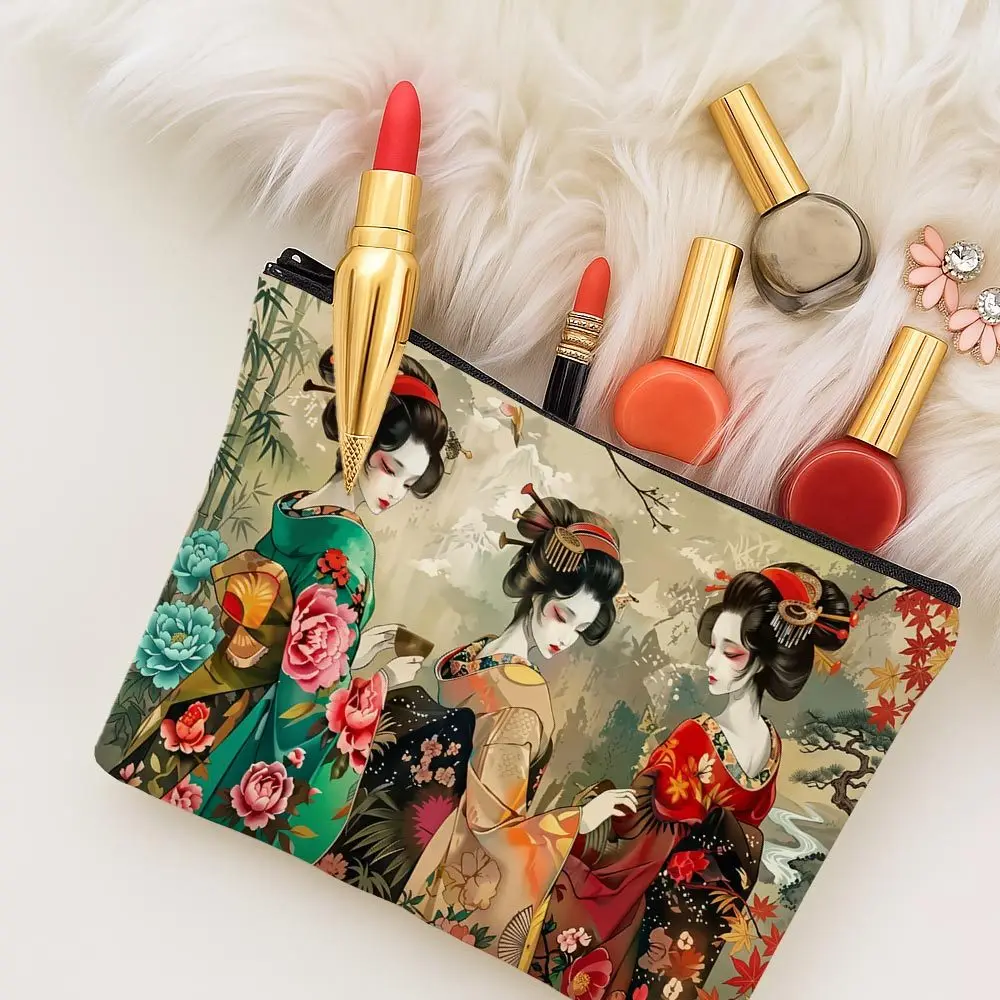 Japanese Geisha Woman Floral Print Cosmetic Bag Vintage Minimalist Zipper Toiletry Pouch Suitable for Travel Essentials 2