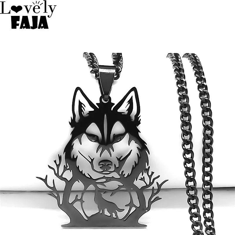 Goth Vollmond Wolf Kopf Anhänger Halskette Frauen Männer Schwarz Farbe Wald Baum Hohl Tier Halsketten Schmuck Party Geschenke N2032S03 – Detail 9