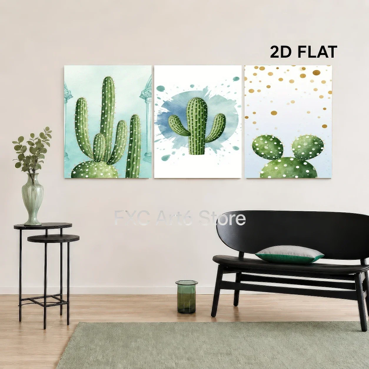 2D Flat 3pcs frameless ,  Watercolor Cactus Wall Art Prints, Cactus Illustration with Blue Splashes and Golden Dots,  Art Prints