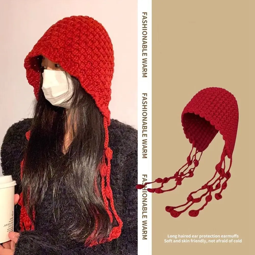 Sweet Tassels Crochet Knitted Hat Bohemian Style Handmade Knit Cap Hollow Out Korean Weave Cap Outdoor