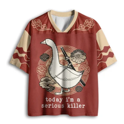 Today I'm A Serious Killer Samurai Goose Katana Print Men V Neck Mesh Jersey Japanese Retro Short Sleeve Top