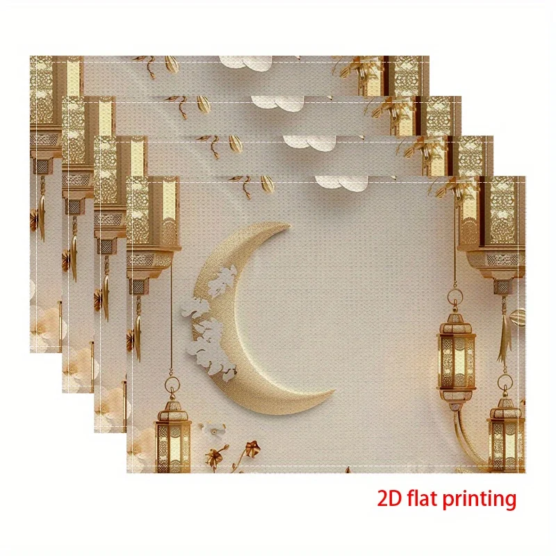 Elegant Golden Crescent Moon & Lanterns Placemats - Durable Polyester Table Decor for Ramadan, Eid, Weddings