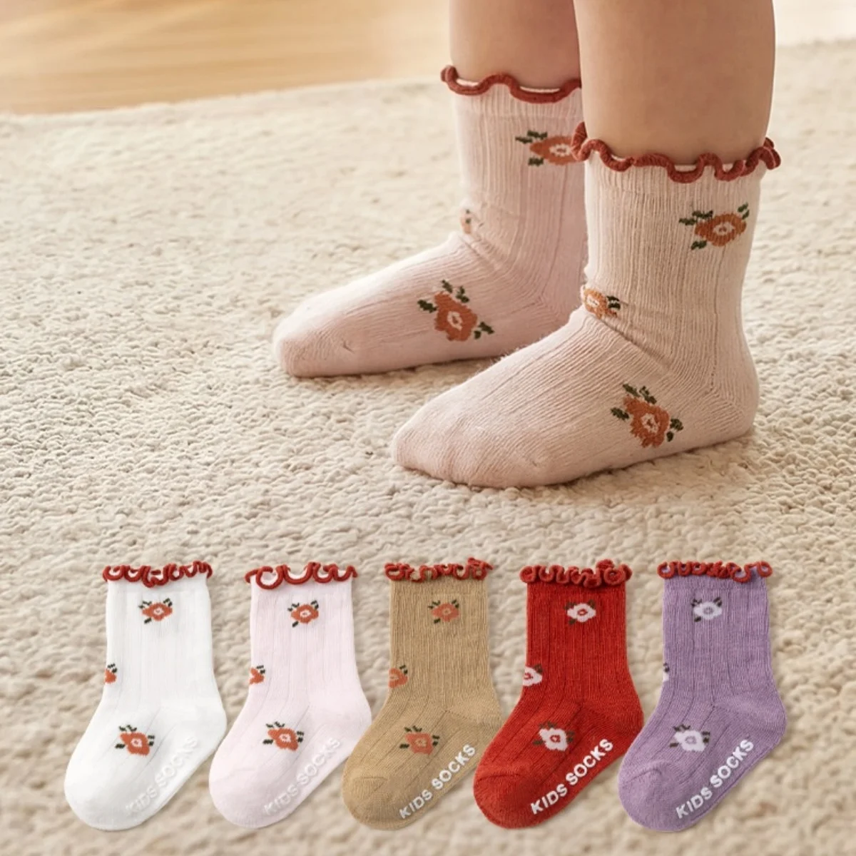 5 Pairs Autumn Kids Cotton Socks Girls Flower Print Ruffle Trim Ankle Length Socks 6M-3Y Soft Thin Children Socks