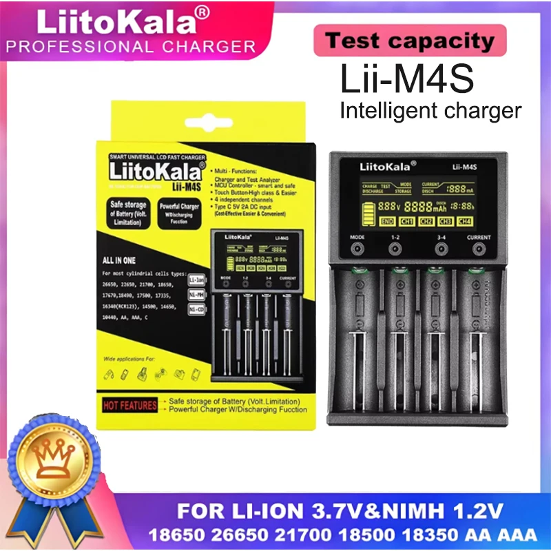 

LiitoKala Lii-M4 M4S 18650 ЖК-дисплей, интеллектуальное зарядное устройство, тестовая емкость, подходит для 3,7 В, 26650, 18350, 21700 18500, 1,2 В, AA AAA, 4 слота
