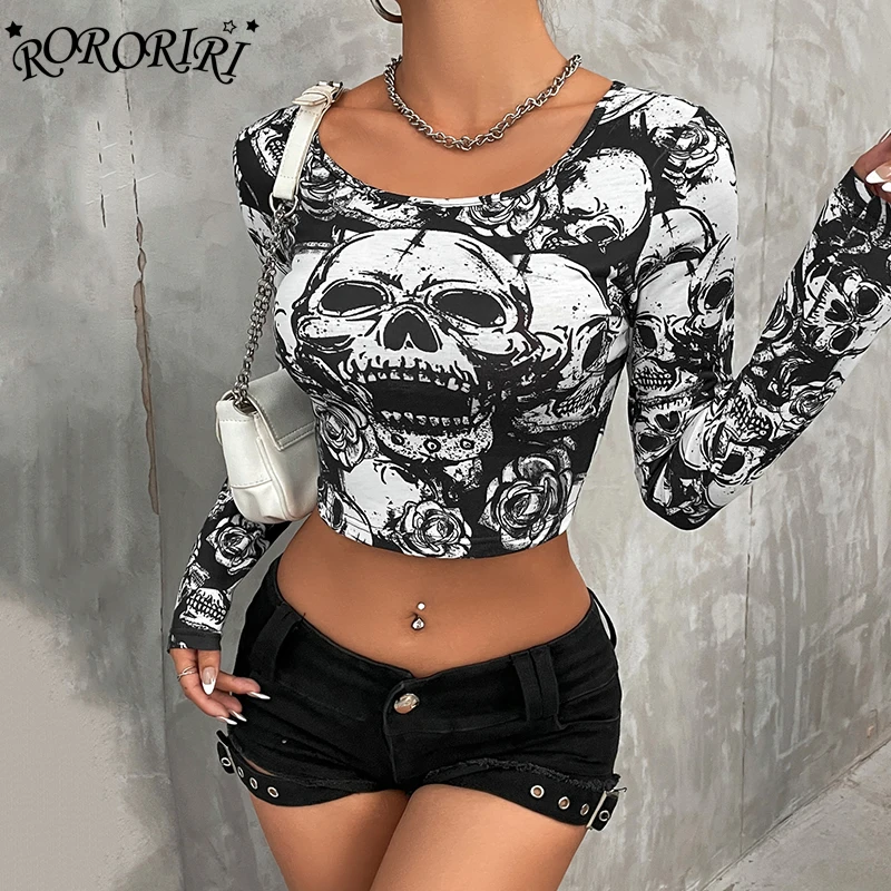 RORORIRI All Over Print Skull Long Sleeves T-shirt Women Hippie Pullover Tee Slim Fit O-neck Crop Top Rock Punk Gothic Clothes