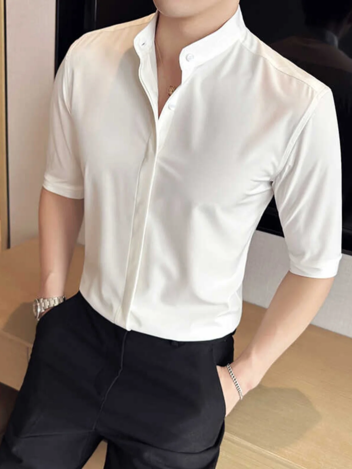 

New Chinese Style Stand Collar Silk Ice Men's Short Sleeve Summer Business Casual Slim Fit Seven Sleeve Shirt Trendy Fashion