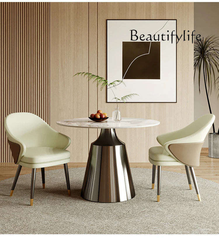 

Italian modern simple small apartment household round rock slab dining table and chair combination stainless steel with turntabl