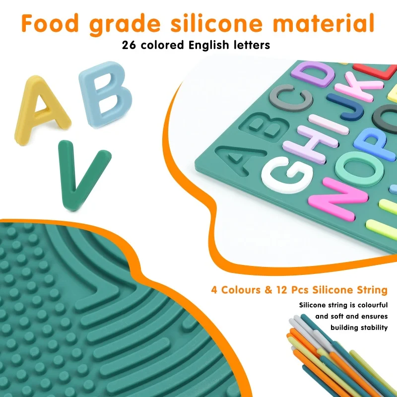 แผ่นซิลิโคนสีสำหรับเด็กบรรเทากิจกรรมทางประสาทสัมผัสตัวอักษรภาษาอังกฤษปริศนาบรรเทาของเล่นสนุกๆของพระเจ้า2ใน1