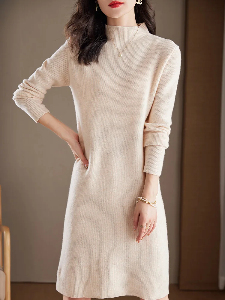 

Autumn Winter Mock Neck 100% Pure Wool Pullover Dress Women Mid-calf Slim Fit Knitted Skirt Soild Basic Dress Daily Versatile