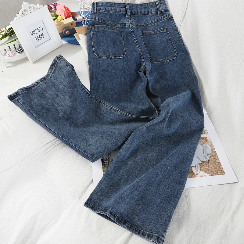 Spring New Retro High Waist Western Style All-match Pocket Jeans Women's Wide Leg Pants Straight Pants Trendy