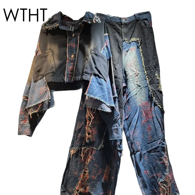 

WTHT новая модная женская лоскутная джинсовая куртка с лацканами и длинными рукавами, прямые джинсы с высокой талией, женская осень 2021, 1LS2310