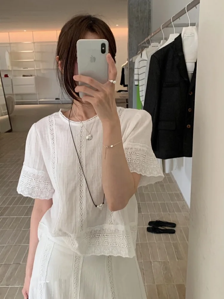 Korean Sle Faion Set Women Summer Lace Splicing Top High Waist Slimming Personali  Skirt White Two Piece Set