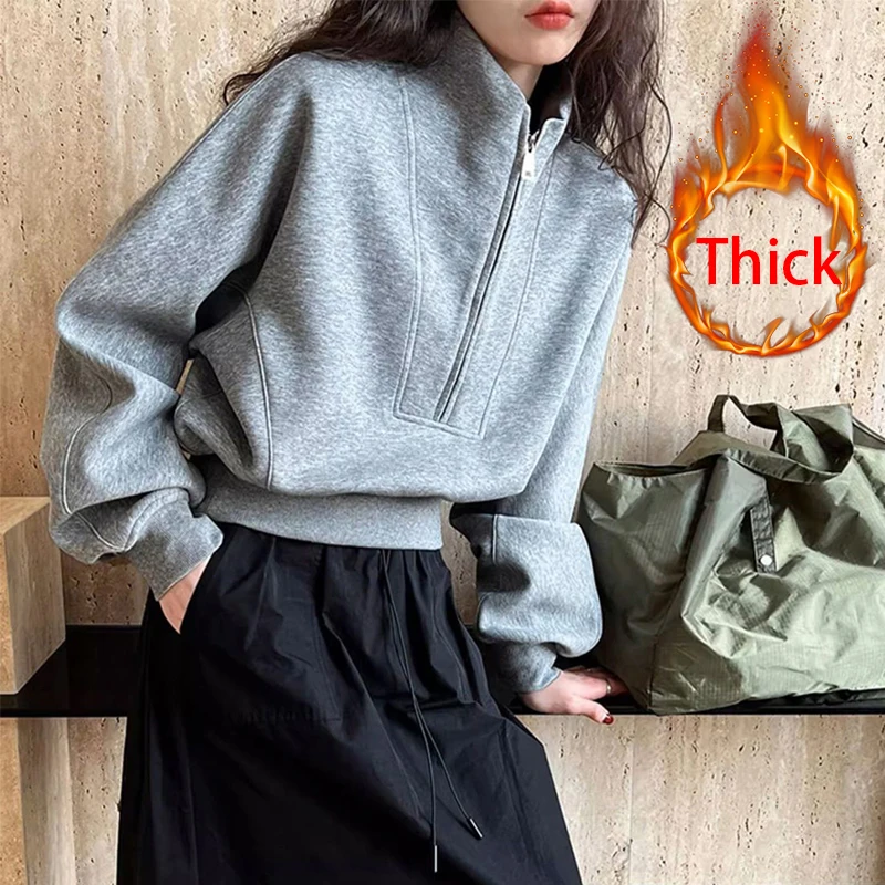 

Уличная одежда, укороченные толстовки, женские флисовые пуловеры в стиле Харадзюку с длинными рукавами и стойкой, зимняя корейская модная повседневная одежда на молнии, новинка