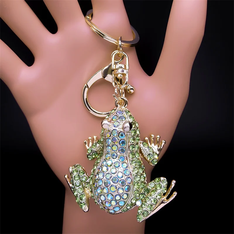 Animal Frog Car Keychains for Women Men Green Rhinestone Alloy Gold Color Keyring Bag Souvenir Charm Jewelry porte clés K5266S01