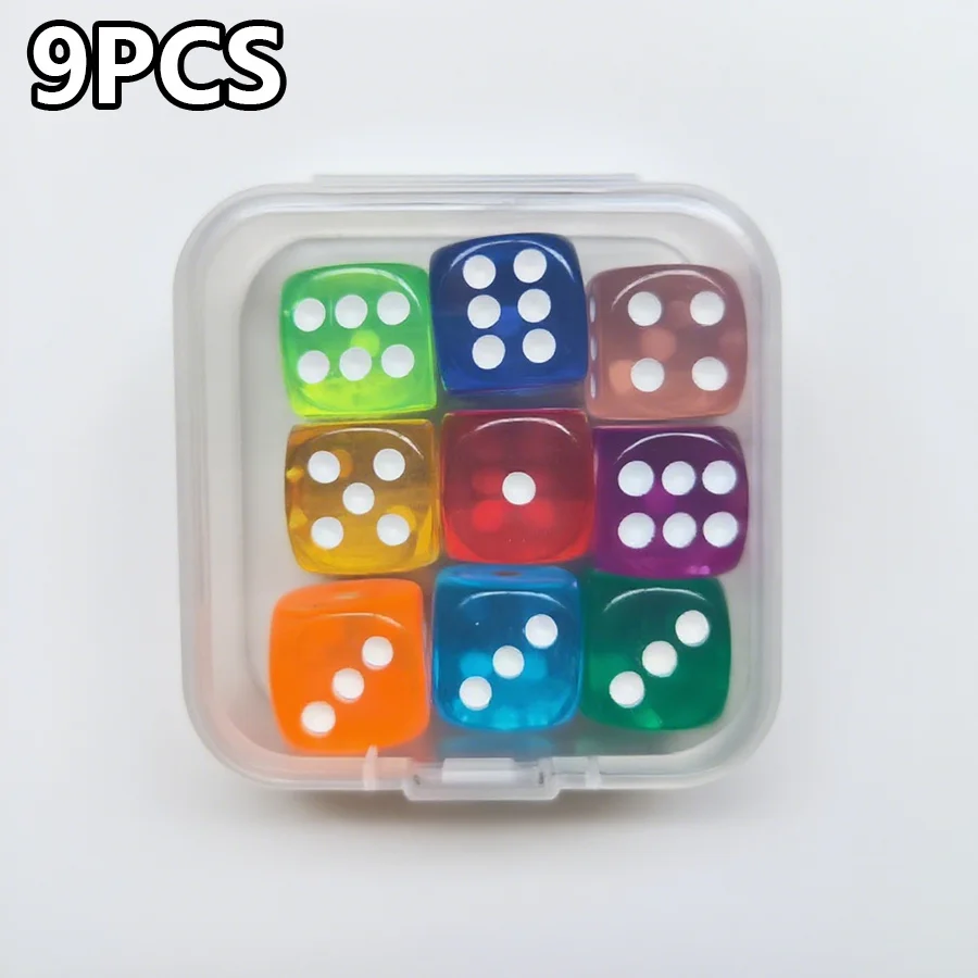 9pcs 14mm Acrylic Color Transparent Dice Boxed - Vibrant Assorted Colors, Perfect for Math Games, Gaming Enthusiasts JXB