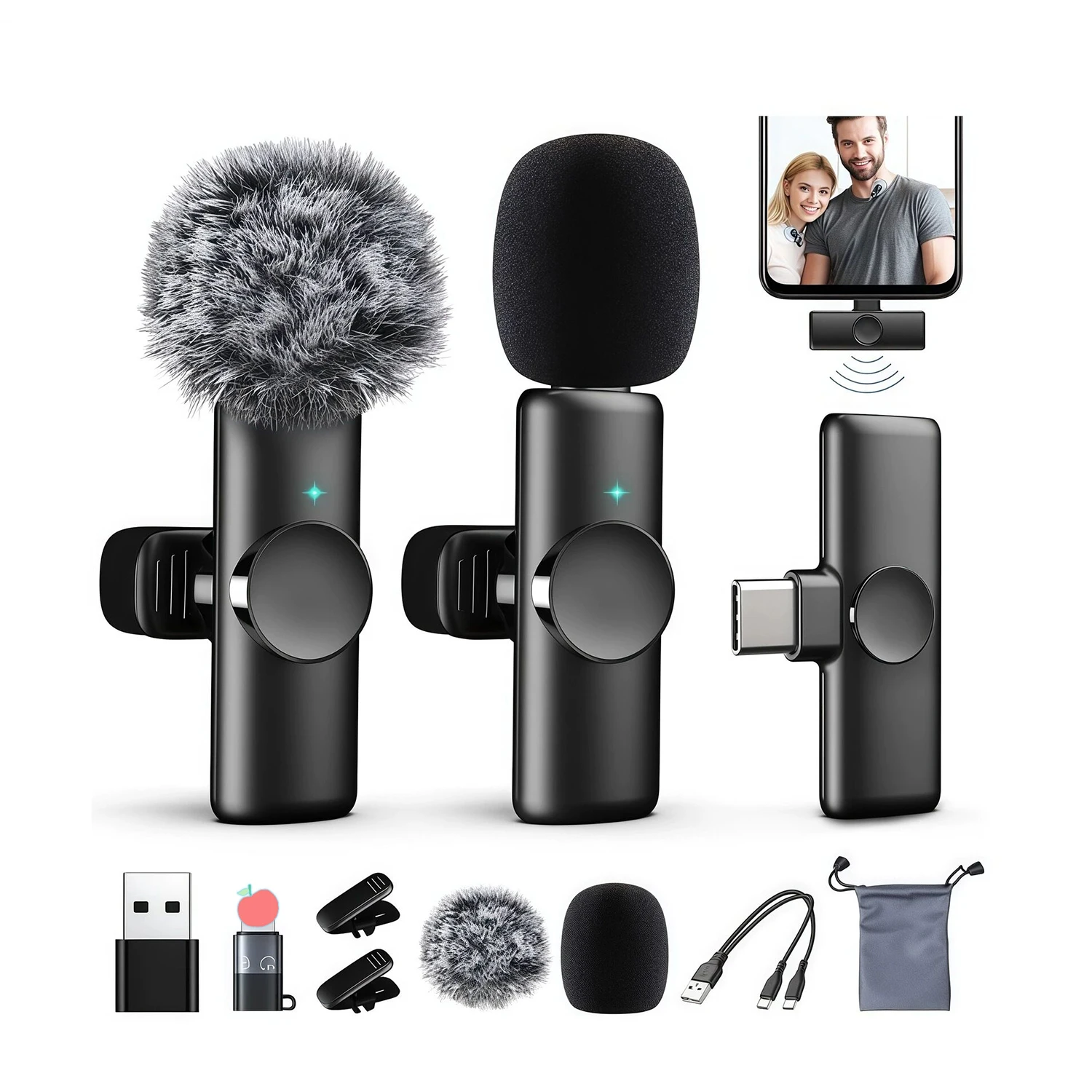 

Mini K11 Wireless Lavalier Microphone Auto Noise Reduction Microphone 1 in 2 for Iphone Android Live Streaming/Video Recording